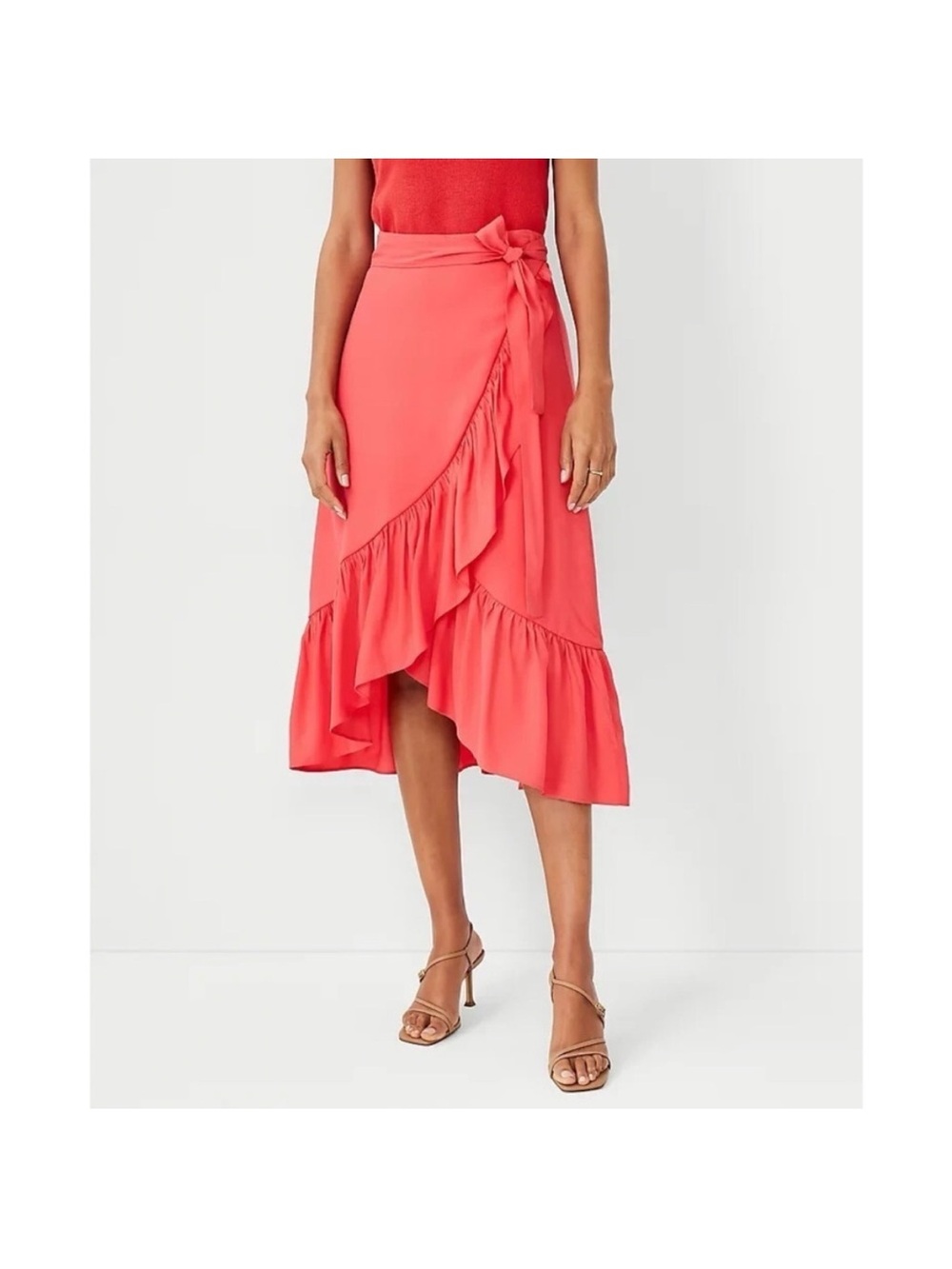 Ann Taylor Flounce Wrap Midi Skirt Women Size 4 Hibiscus Pink NWT Ruffle Viscose